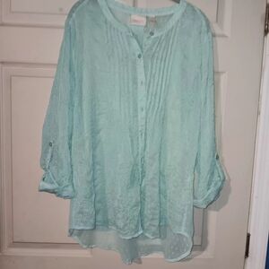 Chico's Mint Green Embroidered Button-Front Pleated Blouse Sz 3